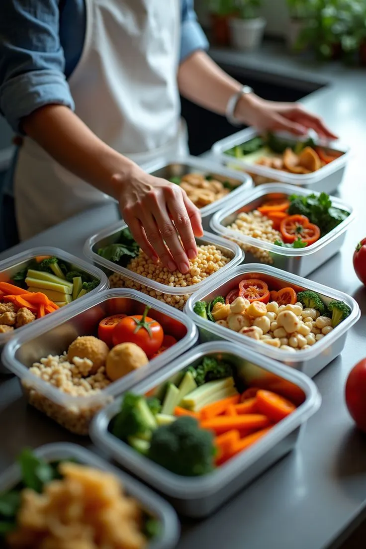 Neatly arranged meal containers on a kitchen shelf